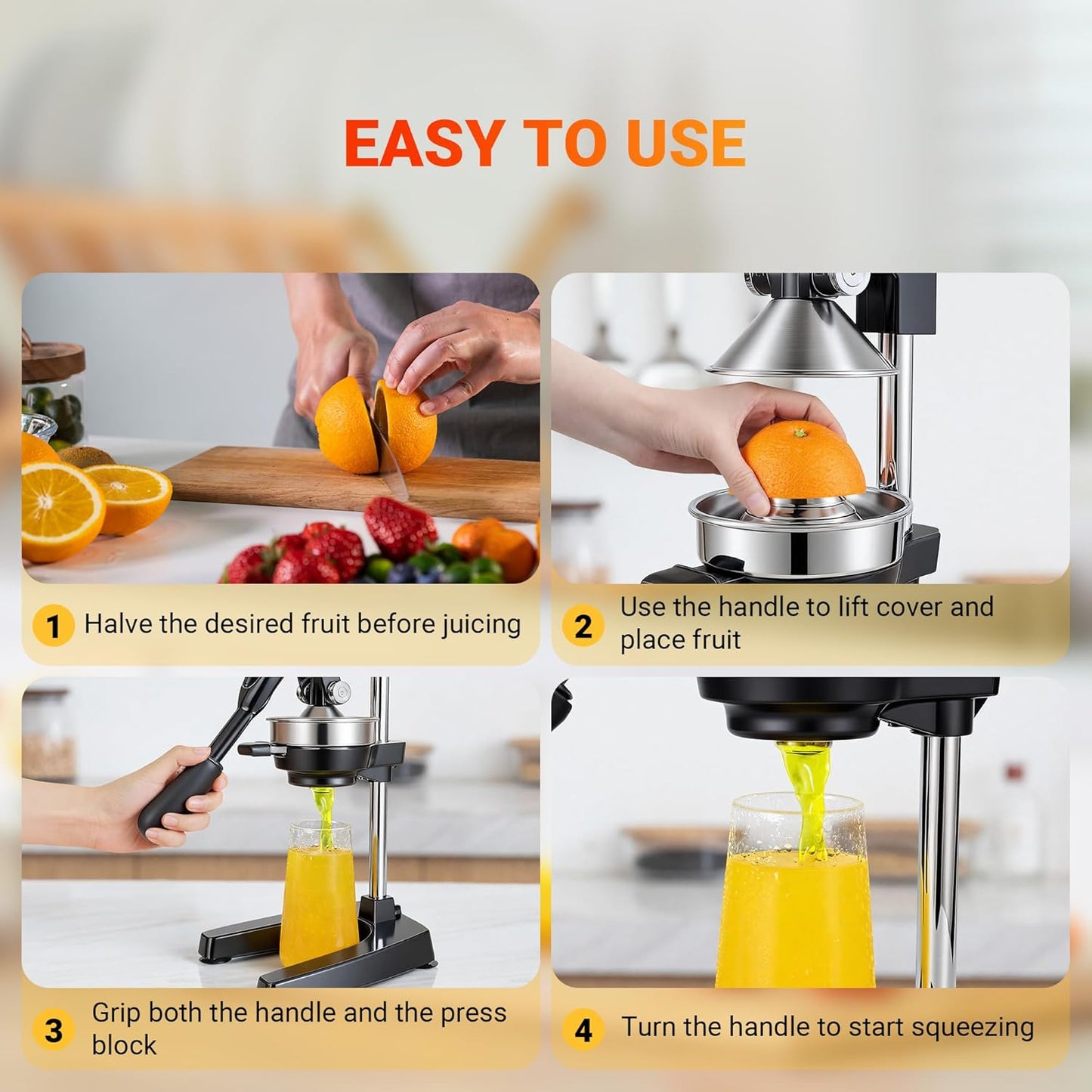 Manual Juicer Hand Press, 304 Stainless Steel Citrus Juicer for Orange Lemon Pomegranate, 19" Extra Tall Heavy Duty Juice Press with Dual Molds for Apple & Pear, Stable Suction Base