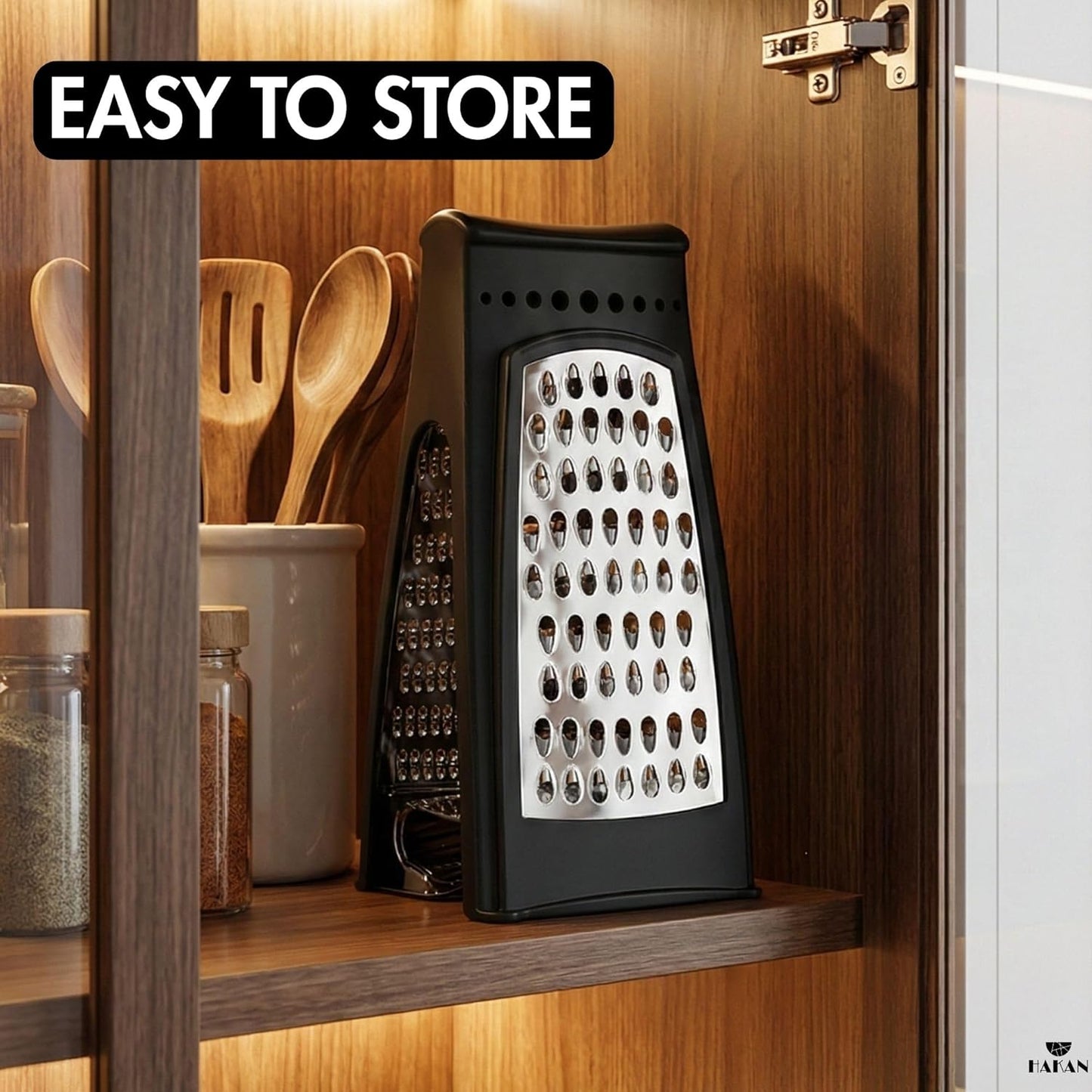 HAKAN Grater with Collection Box and Stainless Steel Blades | Handheld Ergonomic Cheese & Vegetable Grater with Container | 18.5 oz Box | Dishwasher Safe