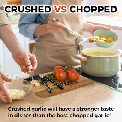 Zulay Kitchen Premium Garlic Press Set - Rust Proof Professional Garlic Mincer Tool - Easy-Squeeze, Easy-Clean with Soft, Ergonomic Handle - Silicone Garlic Peeler & Brush (Silver)