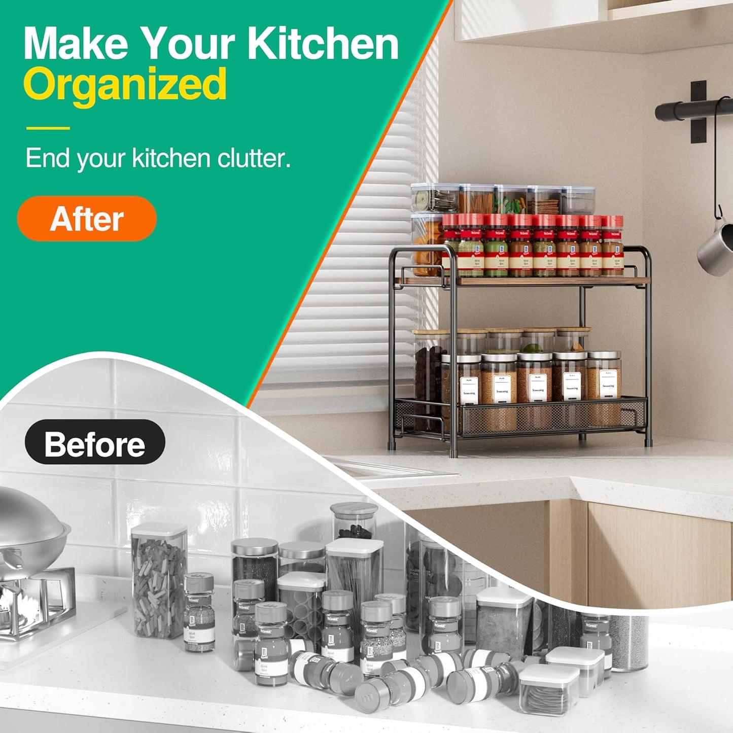 Spice Rack Organizer for Countertop,Xpatee 2-Tier Foldable Metal Rust-Proof Standing Large Seasoning Storage Shelf with Guardrail and Mesh Design for Kitchen Cabinet Bathroom Living Room Pantry, Black