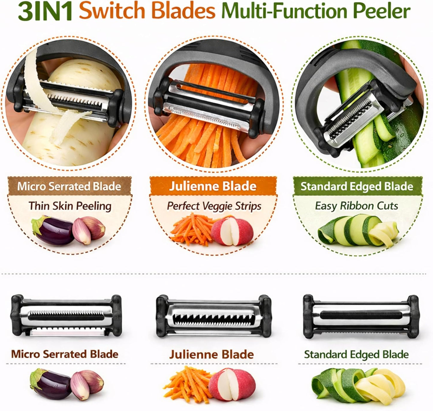 Fruits & Vegetables Peeler Set – Y Peeler Ultra-Sharp Stainless Steel Swivel Standard, Serrated, & Julienne Blades