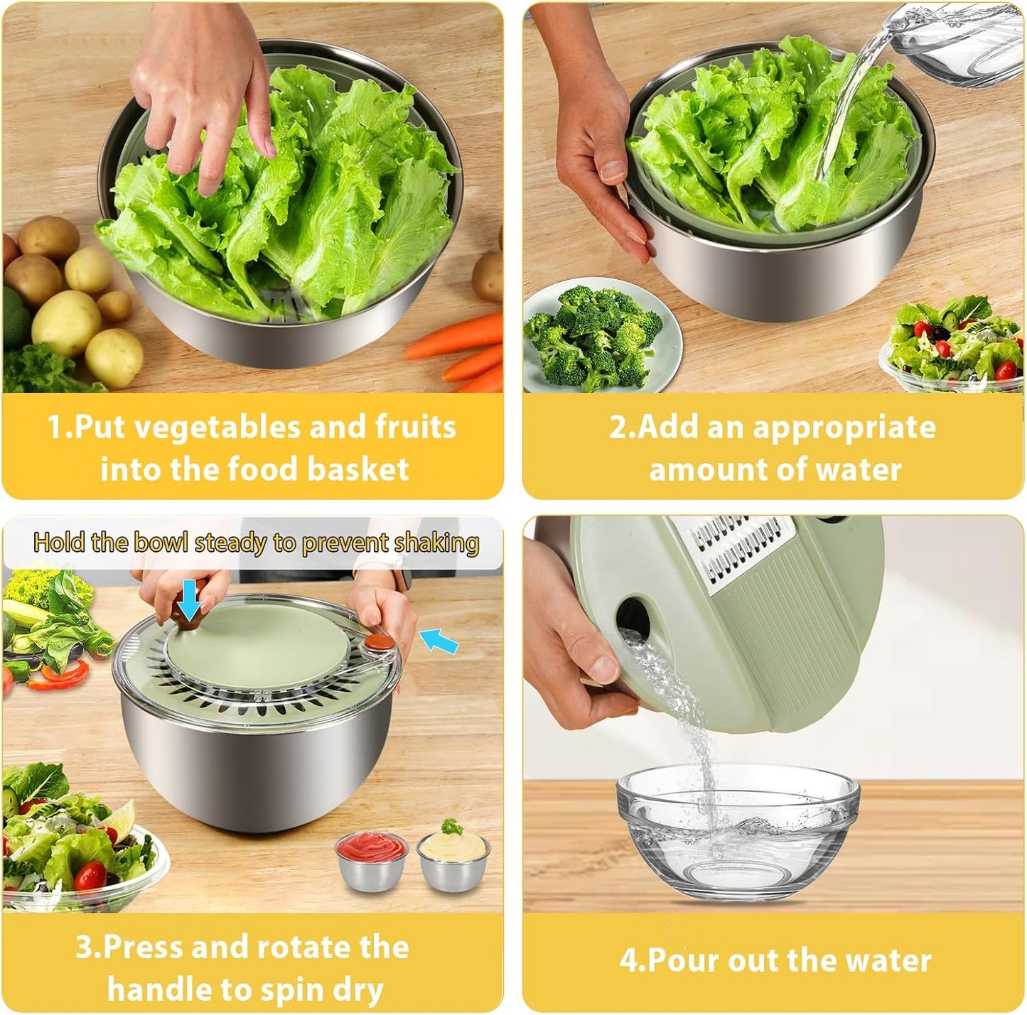 Stainless Steel Salad Spinner Large, Salad Washer Spinner and Dryer, Lettuce Cleaner Spinner, Vegetable Dryer, Fruit Washer with Dipping Saucers and Clip Dishwasher Safe, 5.3Qt