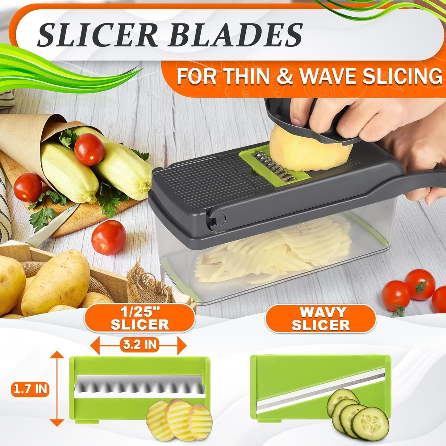 14-in-1 Vegetable Chopper with Container – Veggie Chopper with Container and Lid Includes 6 Blades, Cheese Grater, Egg Separator | Finger Guard, Dishwasher Safe – Veggie Dicer for Chips, Cubes, Strips