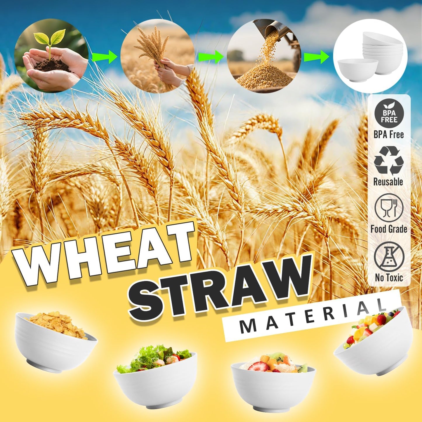 Wheat Straw Bowls Set with Lids, Unbreakable 40 OZ Cereal Bowls Set of 4, Salad Container for Lunch, Microwave & Dishwasher Safe Bowl Set for Kitchen, Picnic, RV, Camping, Multi