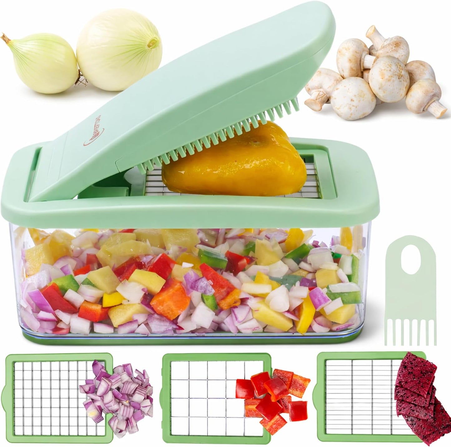 Brieftons QuickPush Food Chopper: Vegetable Dicer Slicer, Onion Cutter, 3 Extra-Large Blades with 200% More Cutting Area to Chop Dice Slice Vegetables, 2.6-Quart Container