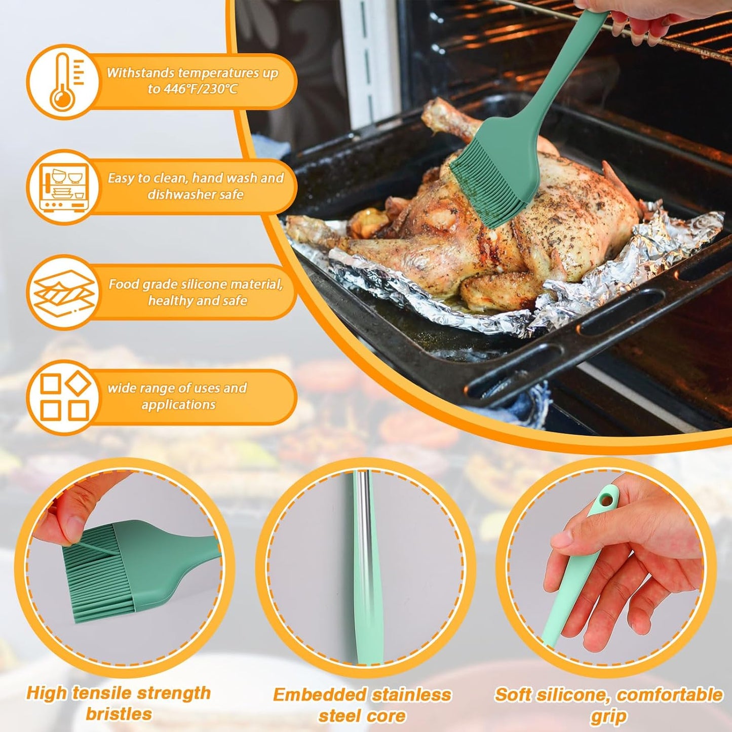 LELE LIFE 3 Sizes Silicone Basting Brush, Extra Large Heat Resistant Pastry Brush Spread Oil Butter Sauce Marinade for BBQ Grilling Baking Kitchen Food Cooking (Green)