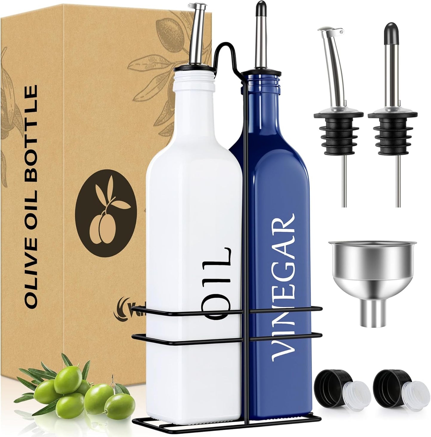 Vakoo Oil and Vinegar Dispenser Set - 17oz/500ml, Extra Thick Glass, Leak-Proof, Olive Oil Dispenser Bottle for Kitchen (White Black)