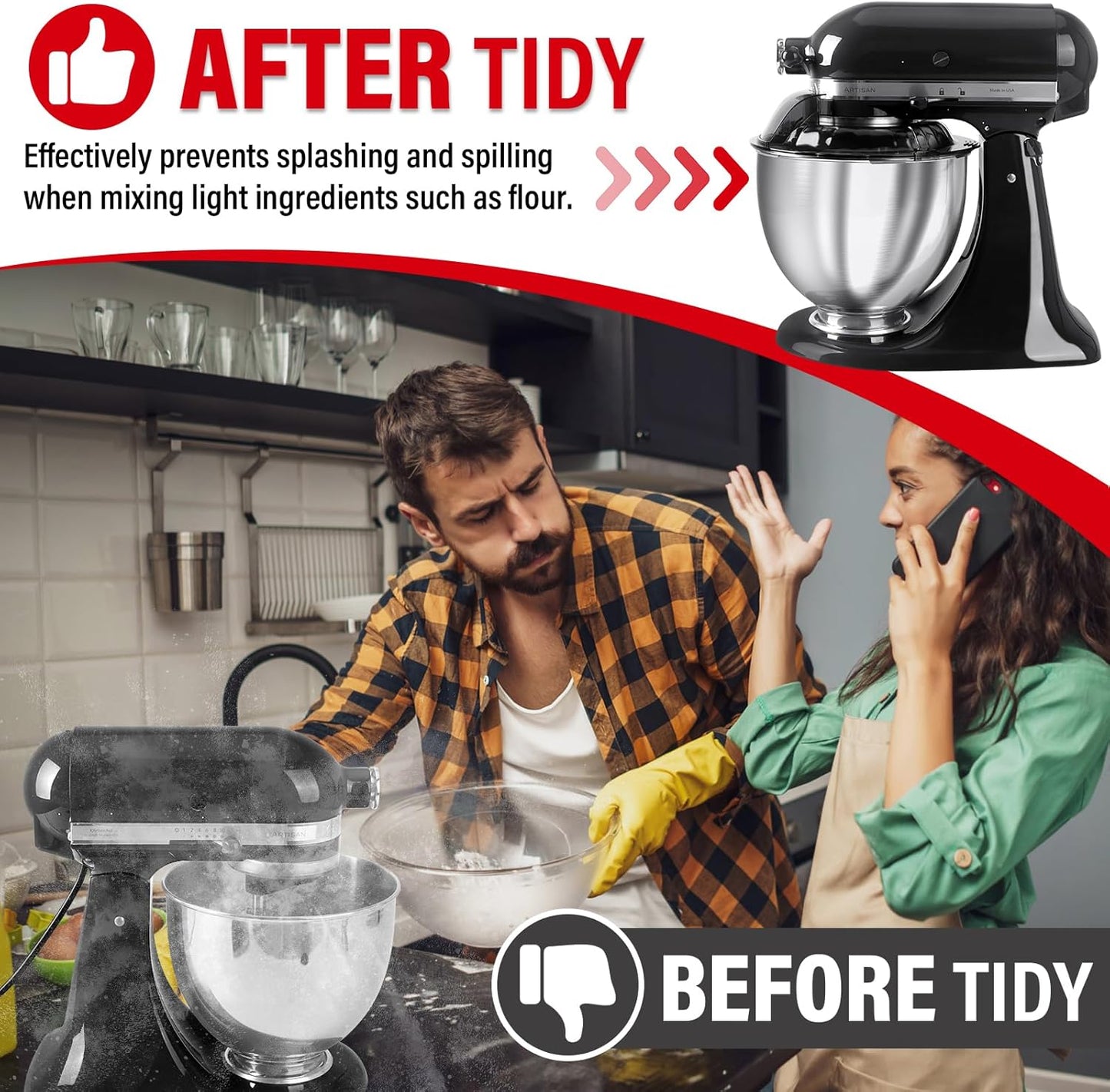 Pouring Shield for KitchenAid Tilt Head 4.5-5 QT (for Stainless Steel Bowls Only), for Kitchen aid Accessories and Attachments, Fully Enclosed Foldable Lid Mixer Bowl Cover & Flour Funnel