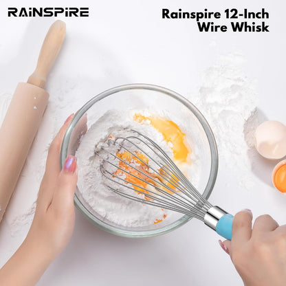 Rainspire 12-Inch Wire Whisk Stainless Steel, Balloon Whisks for Cooking, Wisk Wisking Tool With Soft Silicone Handle, Thick Durable Whisker for Blending, Beating, Whisking, Stirring, Pink