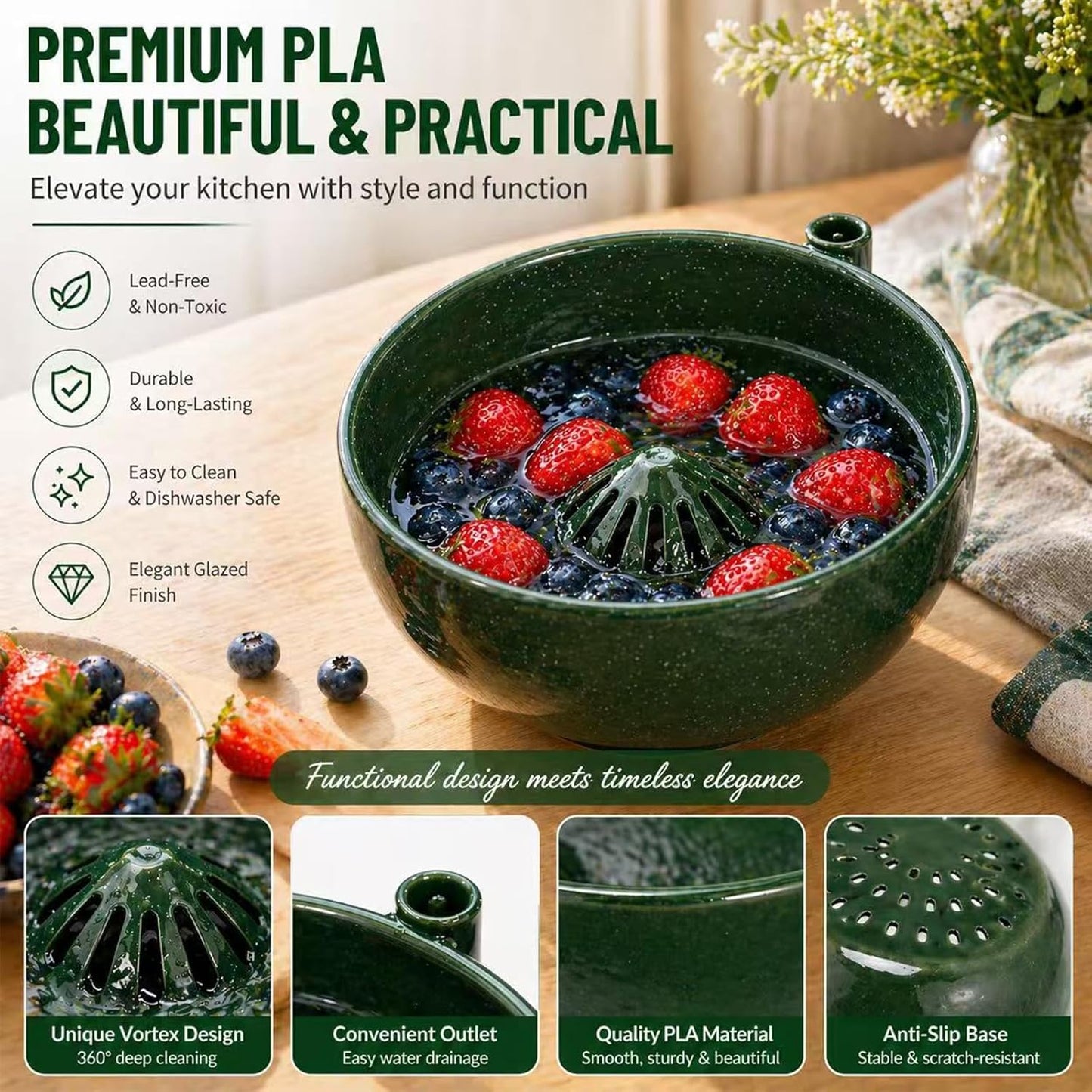 Self Spinning Berry Washing Bowl, Fruit & Vegetable Washer with Drain, 360° Vortex Cleaning, Rapid Wash Multipurpose Kitchen Colander, Multipurpose Kitchen Strainer Bowl (1)