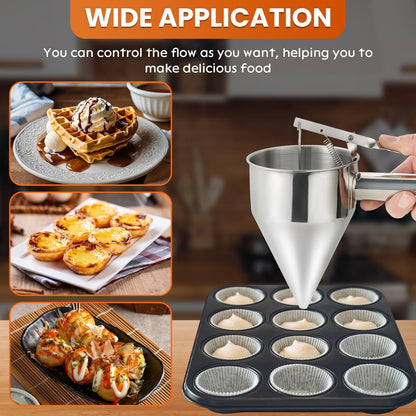 1200ML/40OZ Stainless Steel Pancake Batter Dispenser, Piston Funnel Dispenser with Stand Detachable Handle for Takoyaki Baking Cake Desserts with 4PCS Nozzles
