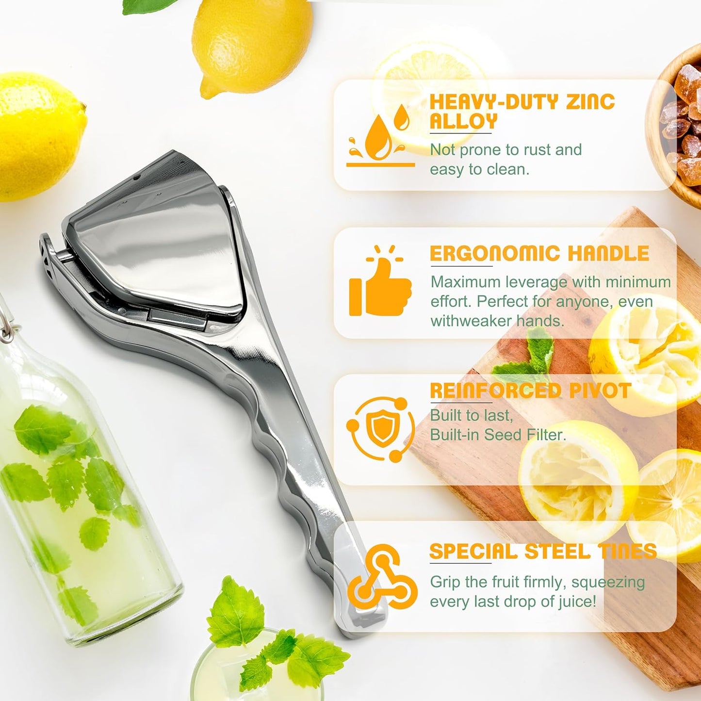 Heavy Duty Metal Lemon Squeezer - Manual Handheld Press Citrus Juicer for Lime & Small Oranges - Solid Weight Rust Resistant Enamel Coating for Bar, Cocktails & Kitchen (Silver)