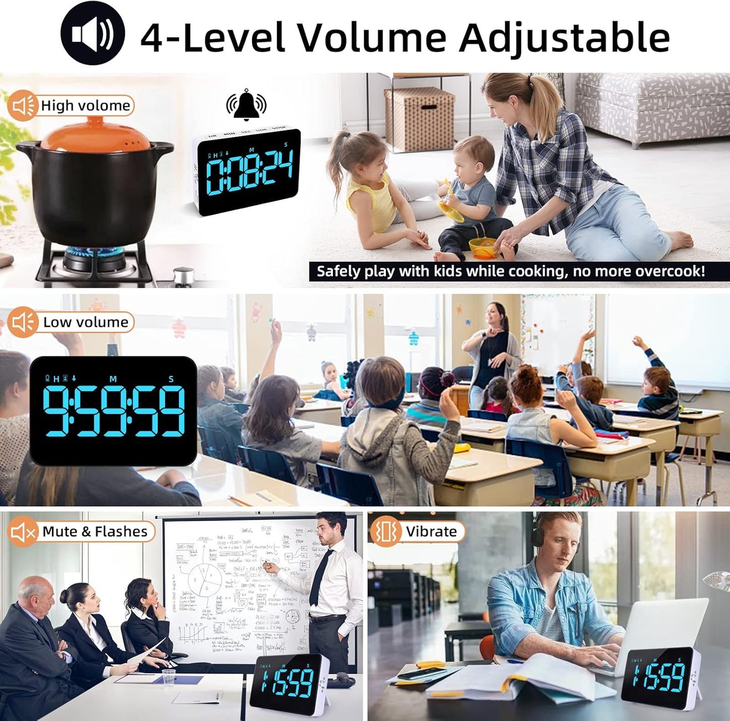 Rechargeable Digital Kitchen Timer for Cooking, Magnetic Timers with Countdown/up, Kids Timer with 5”LED Display 3 Brightness 4 Volume Adjustable for Classroom/Office/Home/Work/Study/Fitness/Game