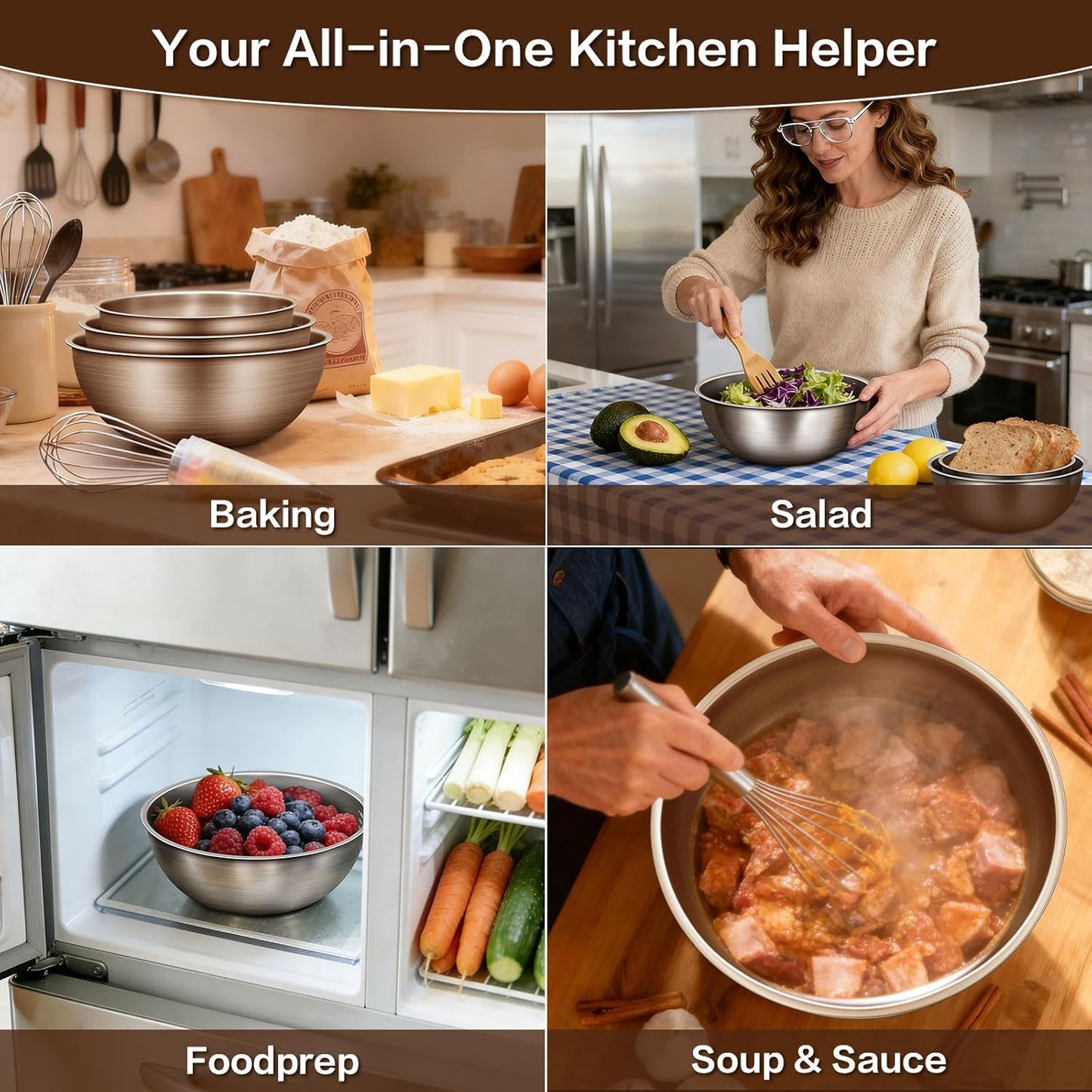 Gronivex Metal Mixing Bowls, 304 Stainless Steel, Set of 3 (1.5, 2.2 & 3.4 Qt) – Thicker-Gauge, Stackable Nesting & Space-Saving – Classic Everyday Bowls for Baking, Salad Prep & Cooking