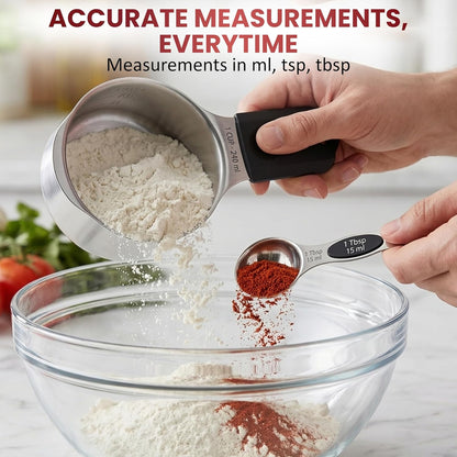 Magnetic Measuring Cups and Spoons Set of 16, 304 Stainless Steel with Multicolor Silicone Handles, 7 Cups, 8 Double-Sided Spoons and Leveler, Laser-Engraved, Stackable, Dishwasher Safe for Baking