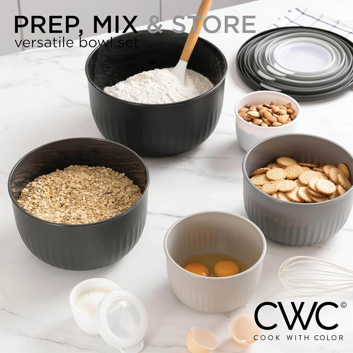 COOK WITH COLOR Prep Bowls with Lids- Wide and Deep Nesting Plastic Small Mixing Bowl Set with Lids, 8 Piece Set - Wide Bowls, Blue