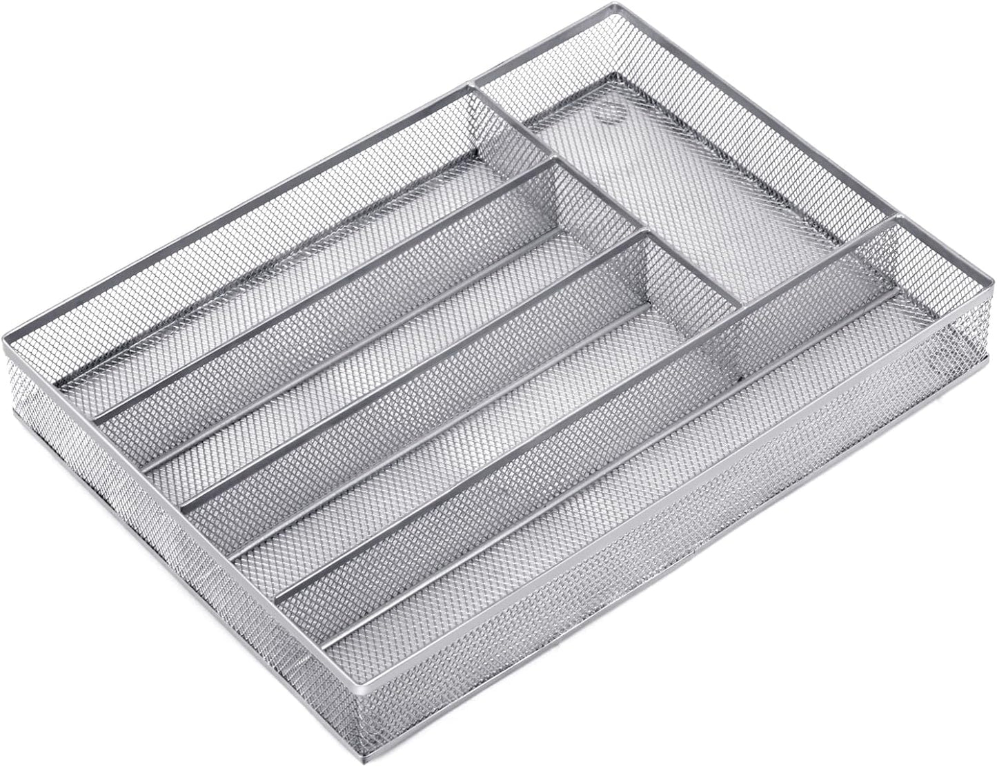 Neudeco Silverware Drawer Organizer - 5 Compartment Cutlery Tray with Non-Slip Feet, Mesh Wire Flatware Storage Divider for Kitchen, Bedroom, Living Room (Silver)