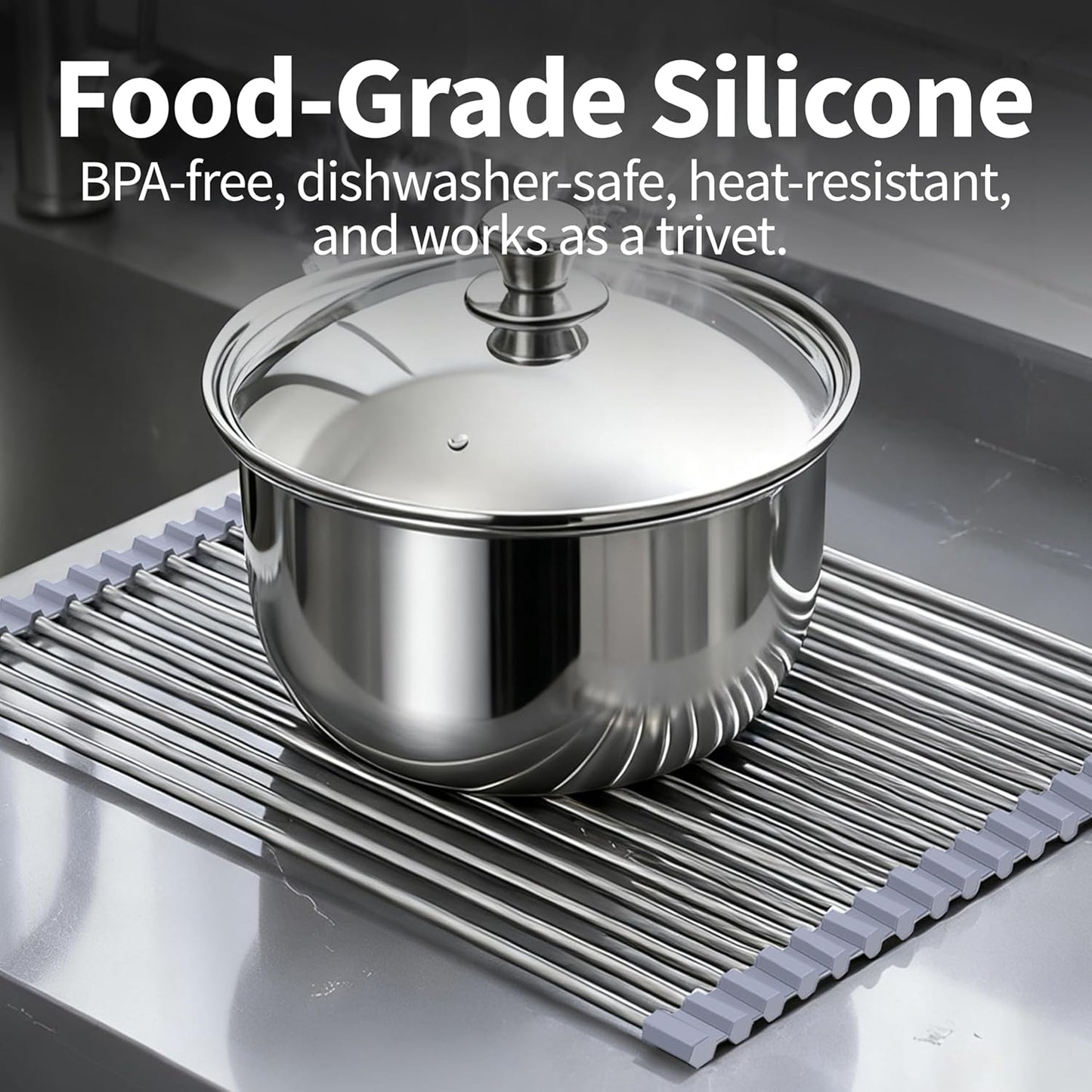 Roll Up Dish Drying Rack for Over Sink - 17.5"x15.7" Foldable Stainless Steel Kitchen Drainer, Black