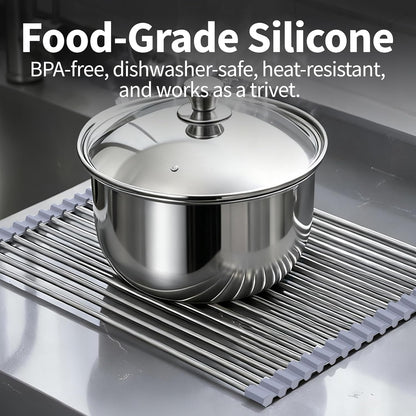 Roll Up Dish Drying Rack for Over Sink - 17.5"x15.7" Foldable Stainless Steel Kitchen Drainer, Black