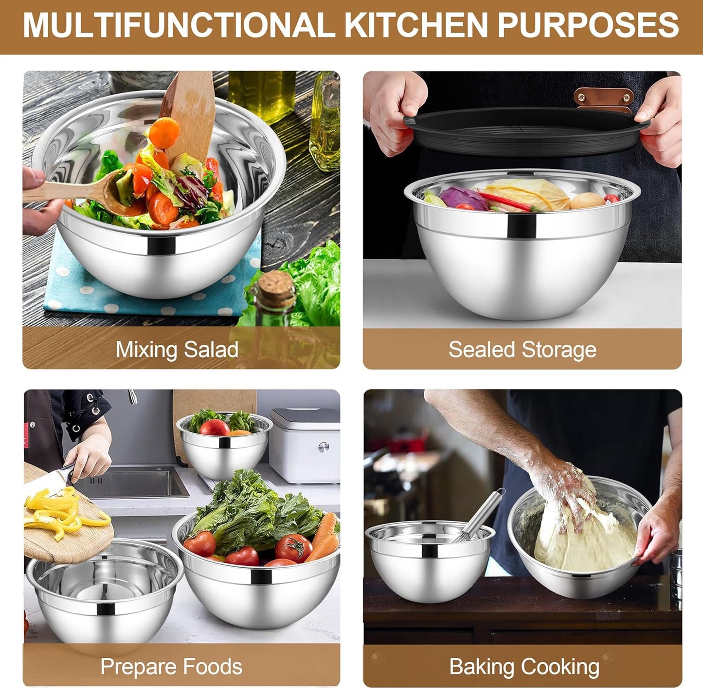 LIANYU Stainless Steel Mixing Bowls Sets of 6, Large 7, 3.5, 2.5, 2, 1.5, 1QT Size with Transparent Airtight Lids, Metal Nesting Serving Bowl Sets for Home Kitchen, Dishwasher & Freezer Safe, Black