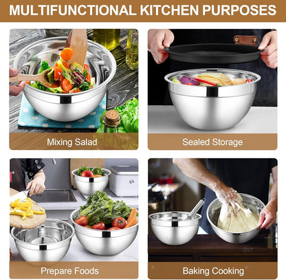 LIANYU Stainless Steel Mixing Bowls Sets of 6, Large 7, 3.5, 2.5, 2, 1.5, 1QT Size with Transparent Airtight Lids, Metal Nesting Serving Bowl Sets for Home Kitchen, Dishwasher & Freezer Safe, Black
