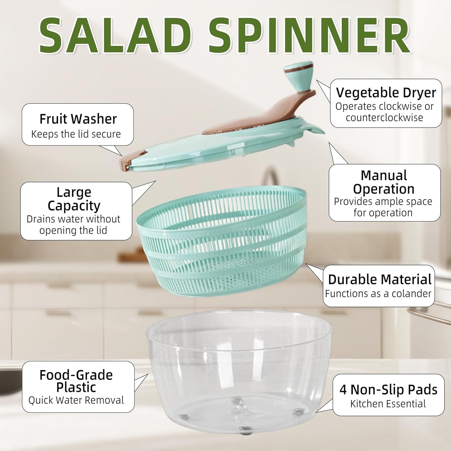 Fruit spinner Kitchen salad tool Salad Spinner Doubled Rain Holes, Lettuce Dryer For Washing, Drainage, And Dehydrating Greens, Fruits, And Vegetables Nordic Blue Salad Dehydrator,Blue