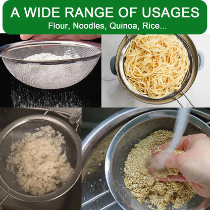 Fine Mesh Strainer with Sturdy Handle, 7.76 Inch Stainless Steel Strainers, Bonus 20x20 Inch Reusable Cotton Cheese Cloths with 4 Hemmed Edges, Sieve Sifter for Straining, Cooking, Baking