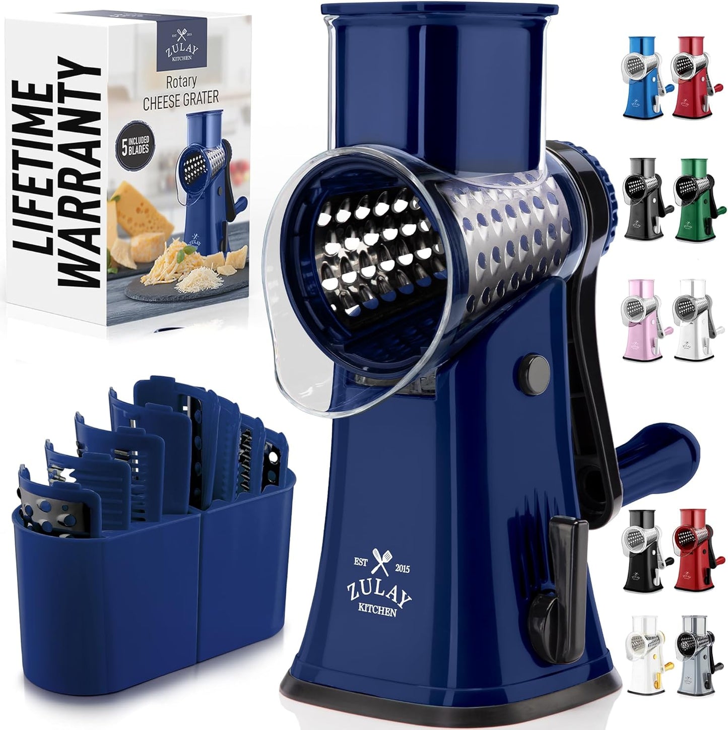 Zulay Kitchen Rotary Cheese Grater 5 Blade Cheese Shredder - Manual Hand Crank Cheese Grater With Reinforced Suction & 5 Interchangeable Drums - Easy to Use, Vegetable Chopper Round Mandoline Slicer - Colors B