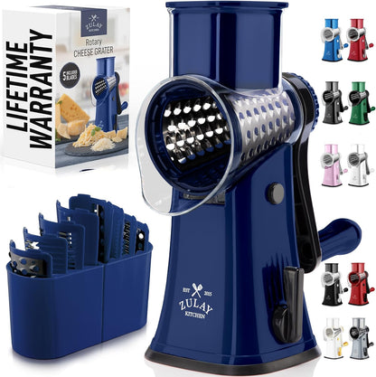 Zulay Kitchen Rotary Cheese Grater 5 Blade Cheese Shredder - Manual Hand Crank Cheese Grater With Reinforced Suction & 5 Interchangeable Drums - Easy to Use, Vegetable Chopper Round Mandoline Slicer - Colors B
