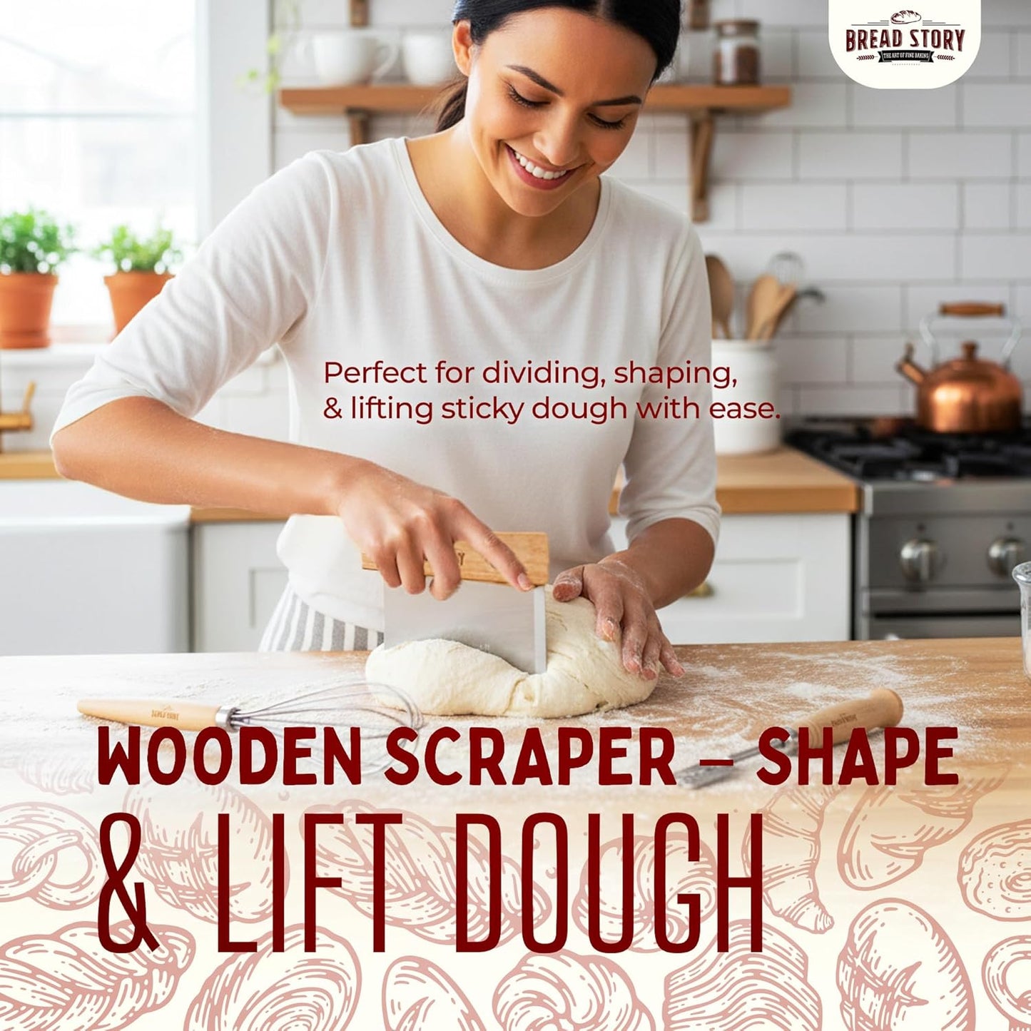 Danish Dough Whisk Set – Wooden Scraper & Lame Scoring Tool | Sourdough Whisk & Mixing Tool Kit | Bread Utensils for Homemade Bread, Pizza, Pastry | Stainless Steel & Wood