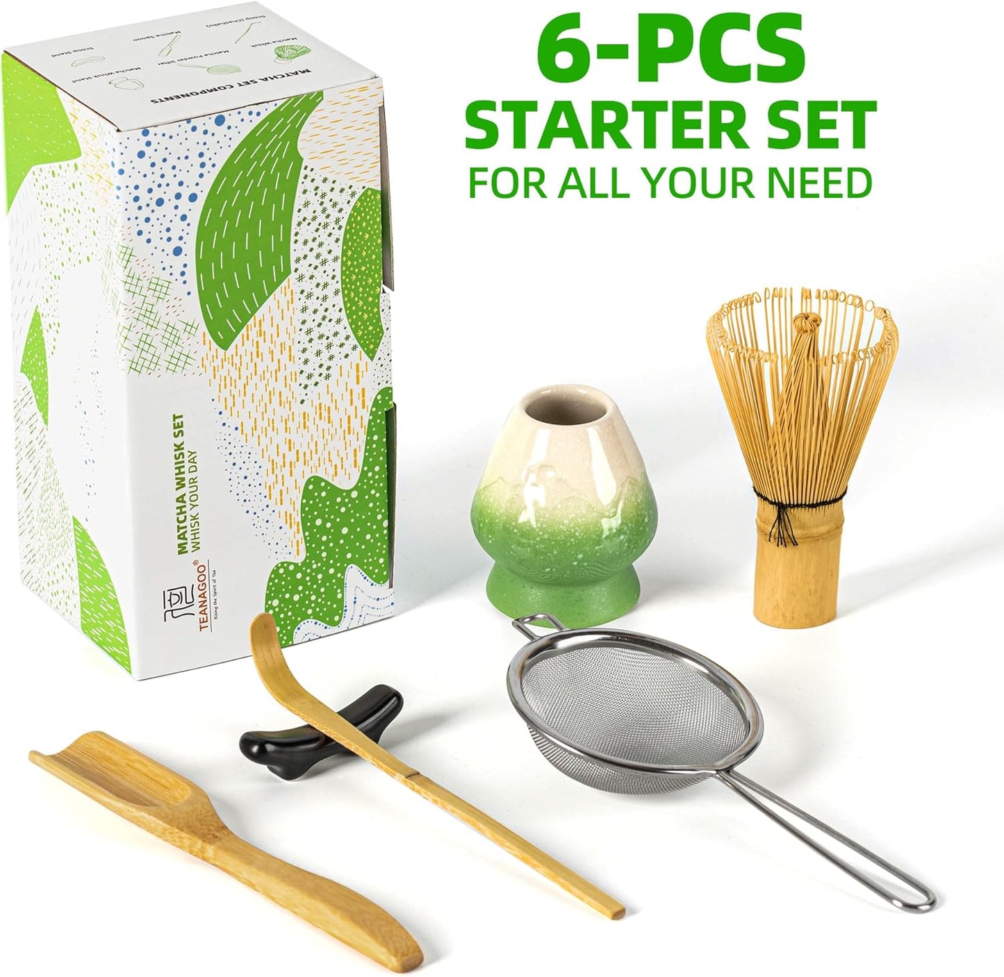 TEANAGOO Matcha Whisk Set,Bamboo Matcha Whisk (100 prongs) with Black Holder,6-PCS Traditional Starter Set,Scoop (Chashaku),Bamboo Chasen for Making Latte,Ceremony Accessory,Gife for Friend/Family