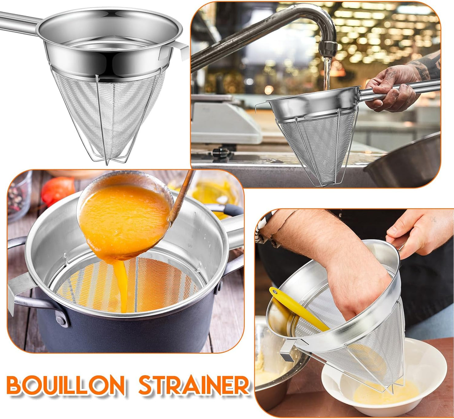 SiliFine Stainless Steel Reinforced Bouillon Sieve Strainer Cone Fine Mesh Strainer with Handle and Rubber Pestle for Kitchen Food Cooking(8 Inch)