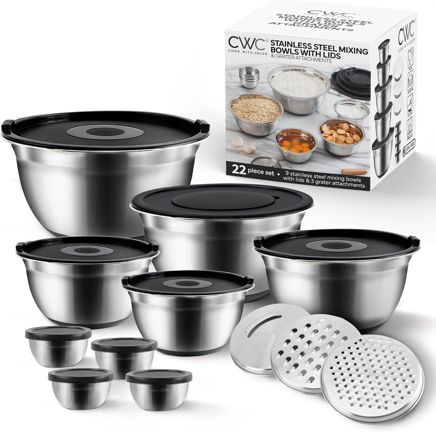 COOK WITH COLOR Stainless Steel Mixing Bowls Set with Lids - Nesting Bowls with Non-Slip Bottom, Silver, 14 Pieces