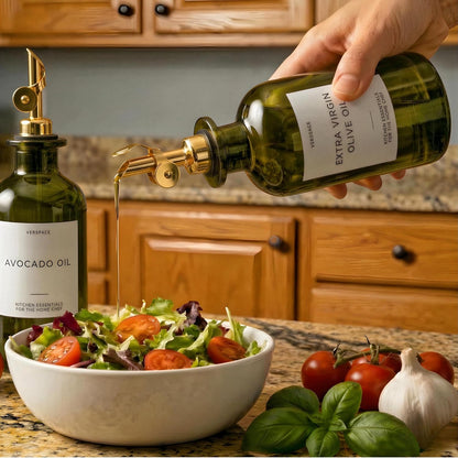 Verspace UV-Protected Green Glass Olive Oil Dispenser Bottles For Kitchen - 2 Pack - 12oz Includes 40 Kitchen Essential Labels, Avocado Oil Dispenser Set, Modern Decor for Home, Airbnb, Cafe