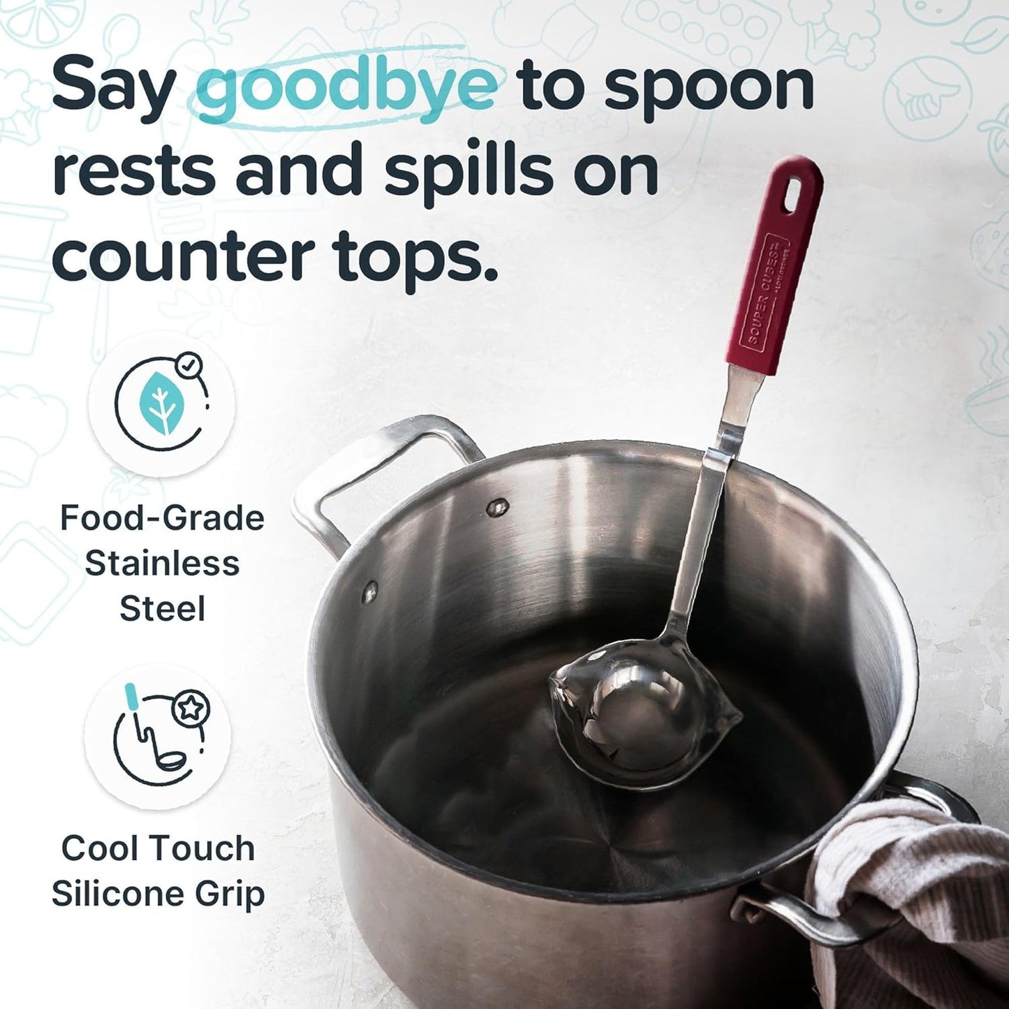 Souper Cubes + Lori Greiner No Mess Stainless Steel Soup Ladle with Silicone Handle - Metal Soup Ladle with No Mess Design That Hooks on Side of Any Pot - Cranberry