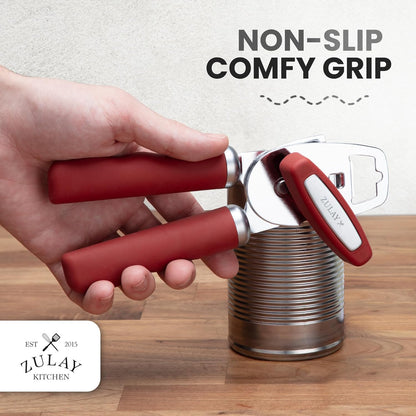 Zulay Kitchen Heavy Duty Stainless Steel Can Opener Manual with Bottle Opener - Rust Proof Manual Can Opener With Turn Knob & Comfy Soft Grip Handles - Black - Colors B