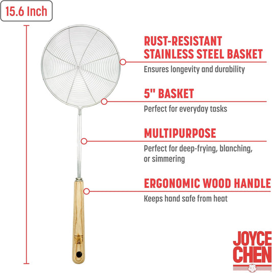 Joyce Chen Kitchen Spider Strainer Stainless Steel 5-Inch Wire Basket with Heat-Resistant Bamboo Handle