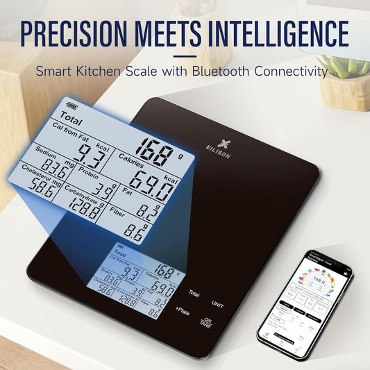 EILISON Smart Kitchen Scale with Nutrition Calculator, Digital Food Scale, Large TFT Color Display, Bluetooth App for 999+ Foods, Calorie Counter & 24 Nutrients Analyzer, 5000g Capacity (Black)