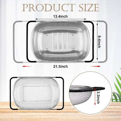 Tioncy 2 Pcs Large Over The Sink Colander, 6 Quart Stainless Steel Colander with Fine Mesh or Grid, Strainer Basket with Expandable Rubber Handles, Strain, Drain, Rinse Vegetable Fruit for Kitchen