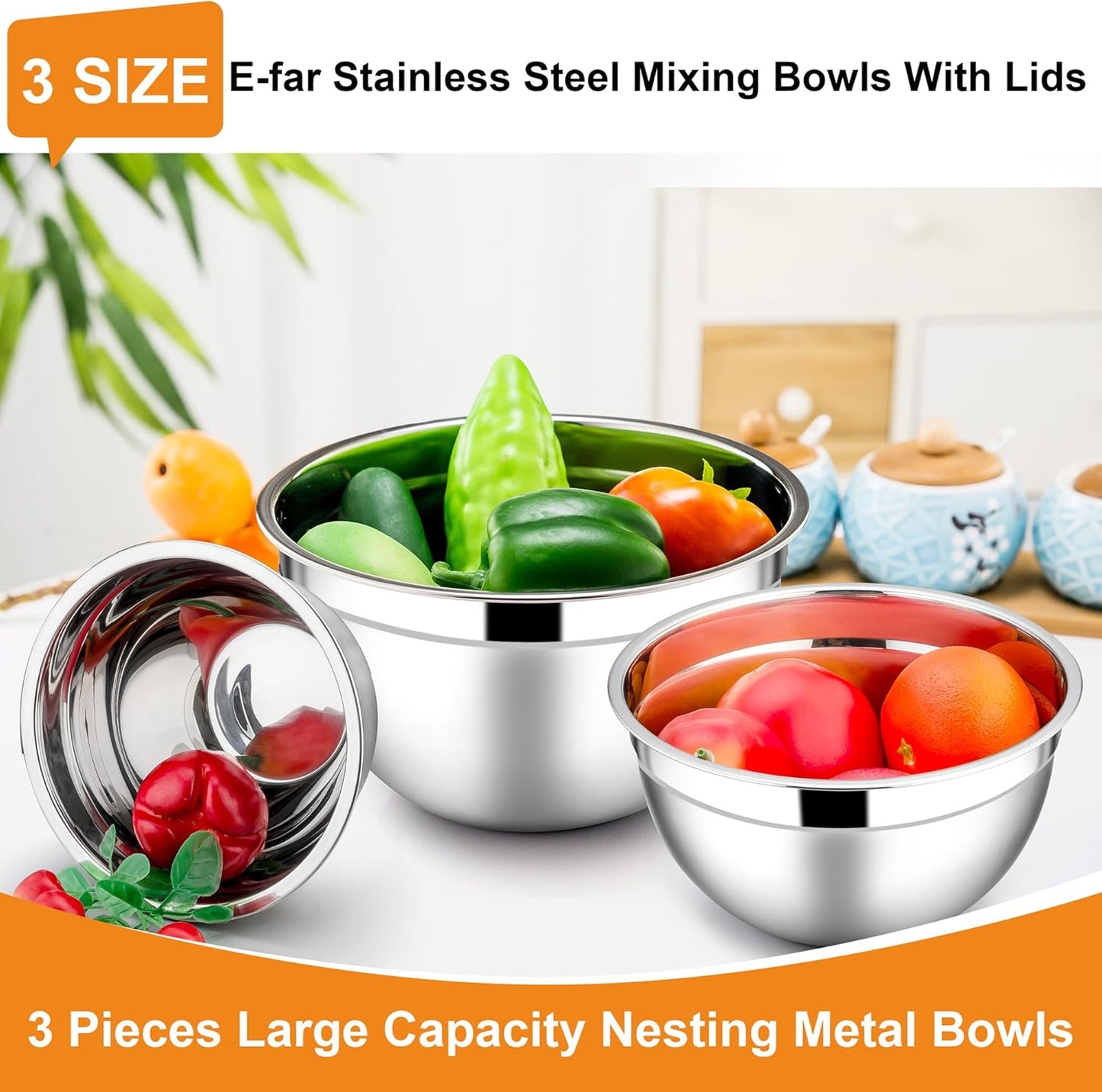 E-far Mixing Bowls with Lids, 6-Piece Stainless Steel Salad Bowls Metal Nesting Bowls for Baking Cooking and Prepping, Airtight Lids & Stackable Design, Size 4.5, 3, 1.5 QT (Black)