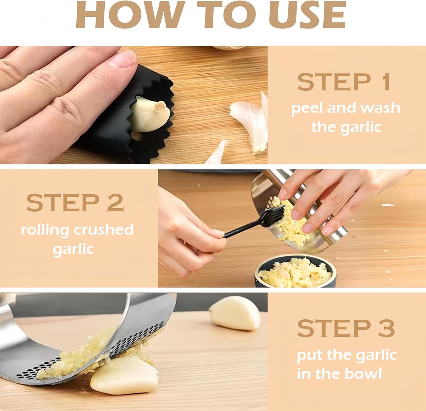 Stainless Steel Garlic Presser, 2025 Upgrade Garlic Press Rocker Garlic Mincer Garlic Press Stainless Steel, Garlic Chopper with Peeler and Cleaning Brush Kitchen Tools (1, Silver)