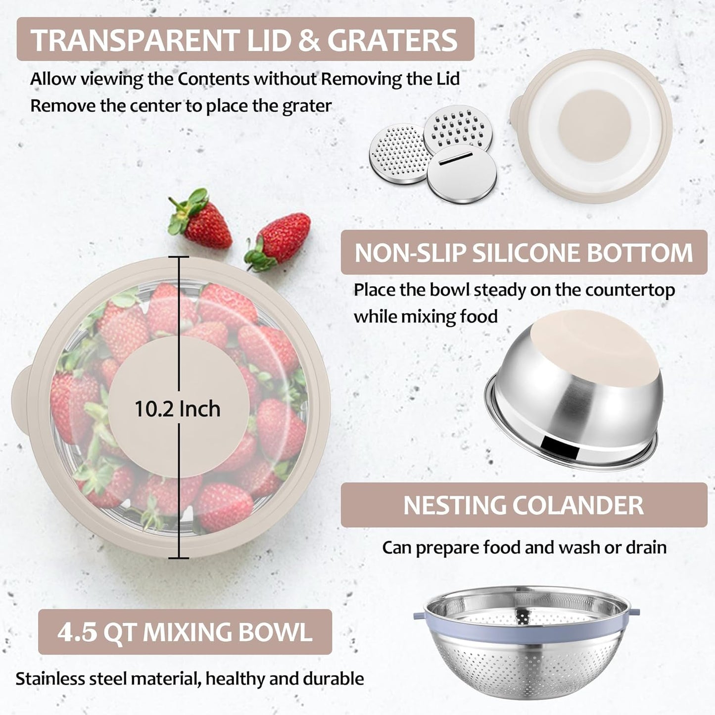 E-far Colander with Mixing Bowl Set, 4-1 Stainless Steel Colander Strainers Bowl with Graters for Kitchen, Rotatable Food Strainer Bowl for Rinsing Fruits Vegetables/Draining Pasta - Blue