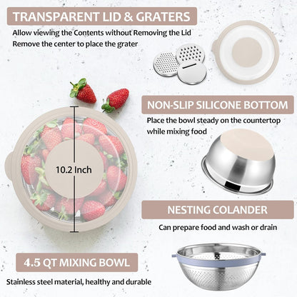 E-far Colander with Mixing Bowl Set, 4-1 Stainless Steel Colander Strainers Bowl with Graters for Kitchen, Rotatable Food Strainer Bowl for Rinsing Fruits Vegetables/Draining Pasta - Blue