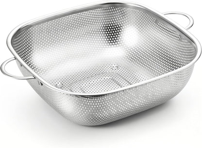 E-far 3 Pack Colander for Kitchen, Square Stainless Steel Metal Strainer Colander with Handle for Draining Food Pasta Vegetable, Micro-Perforated & Elevated Feet, Dishwasher Safe(2.4/4/6QT)