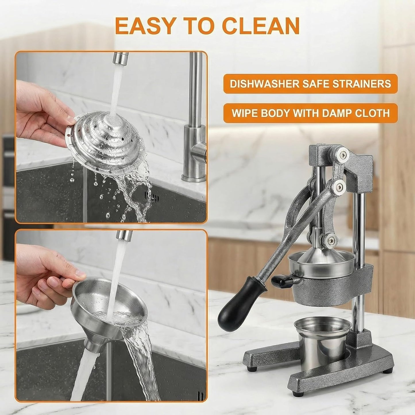 Cast Iron Citrus Juicer - 13.8LB Heavy Duty Manual Orange Press, 304 Stainless Steel Cup & Strainer, Professional Lemon Grapefruit Pomegranate Squeezer for Home Bar Kitchen, Orange