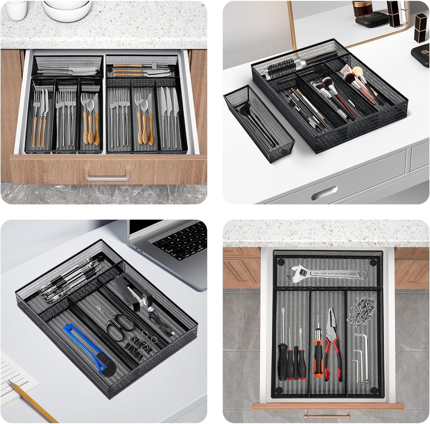 Neudeco Silverware Drawer Organizer - 5 Compartment Cutlery Tray with Non-Slip Feet, Mesh Wire Flatware Storage Divider for Kitchen, Bedroom, Living Room (Silver)