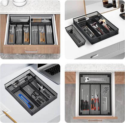 Neudeco Silverware Drawer Organizer - 5 Compartment Cutlery Tray with Non-Slip Feet, Mesh Wire Flatware Storage Divider for Kitchen, Bedroom, Living Room (Silver)