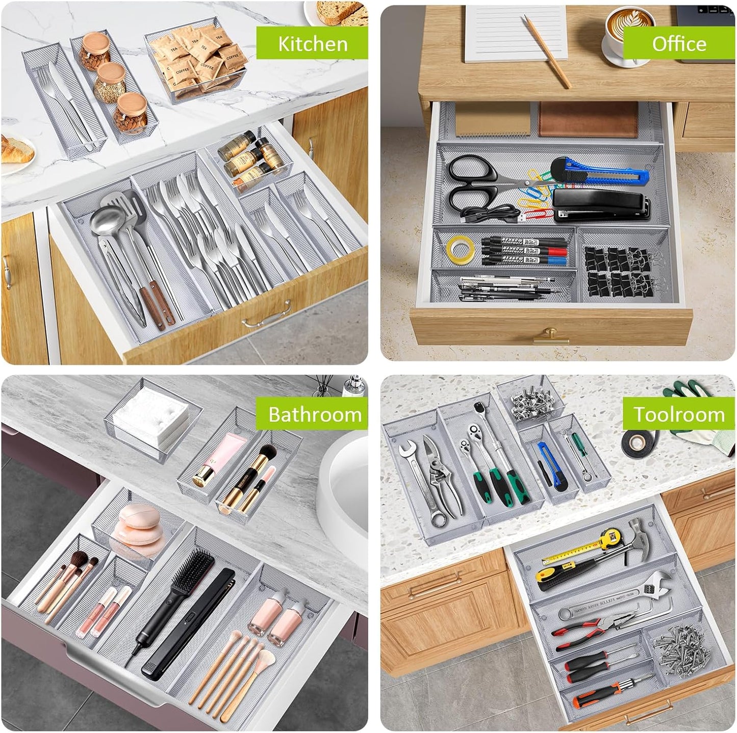 Neudeco Silverware Drawer Organizer - 5 Compartment Cutlery Tray with Non-Slip Feet, Mesh Wire Flatware Storage Divider for Kitchen, Bedroom, Living Room (Silver)