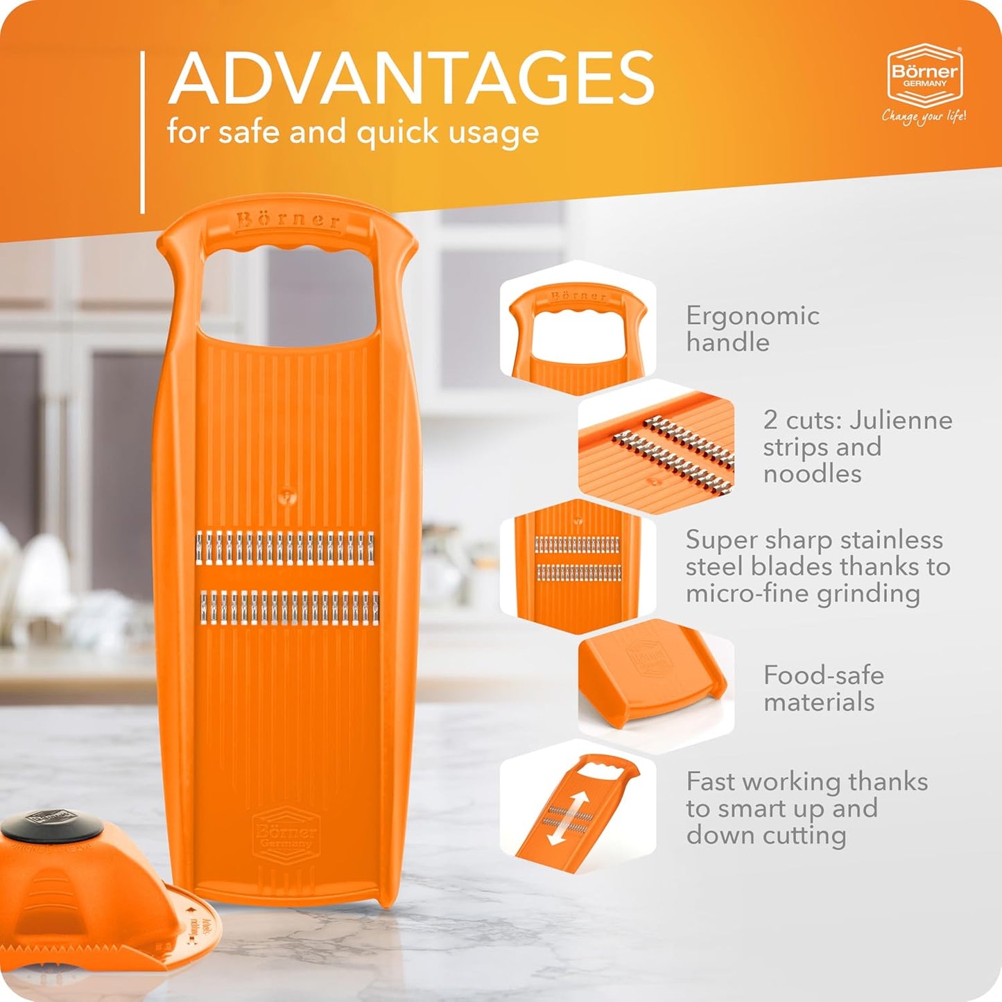 BORNER Roko PowerLine | Vegetable Grater Börner - Quality Made in Germany, Color:Orange