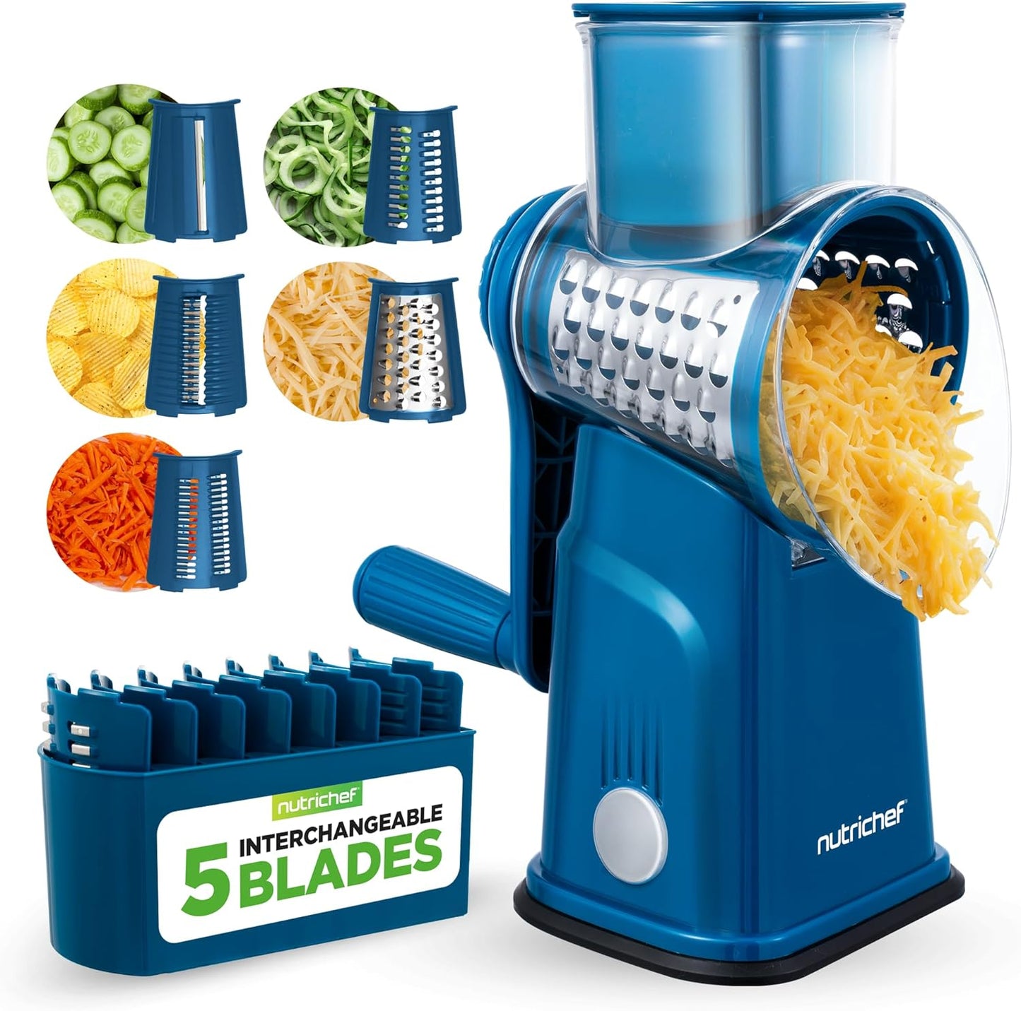NutriChef 5 in 1 Cheese Grater & Shredder | 5 Different Blades for Thin, Thick, Julienne Strips, Wavy, & Straight Strips | Includes Hand Crank, Strong Suction Base & Storage Container | Black